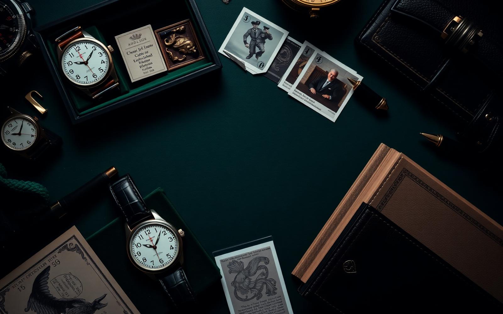 Luxe collectibles op een donkere tafel